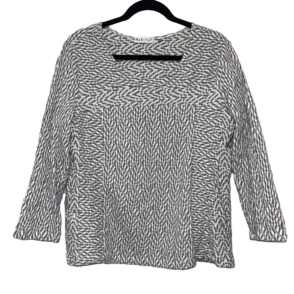Habitat Women’s Grey Gray White Crinkled Cotton Scoop Neck Blouse Lagenlook M